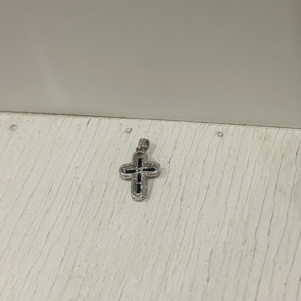 Channel Set Dark Sapphire White Gold Cross Pendant - Picture 3 of 6